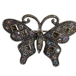 Vintage Silver Tone Butterfly Brooch Aurora Borealis Rhinestone Pin 2 Inch